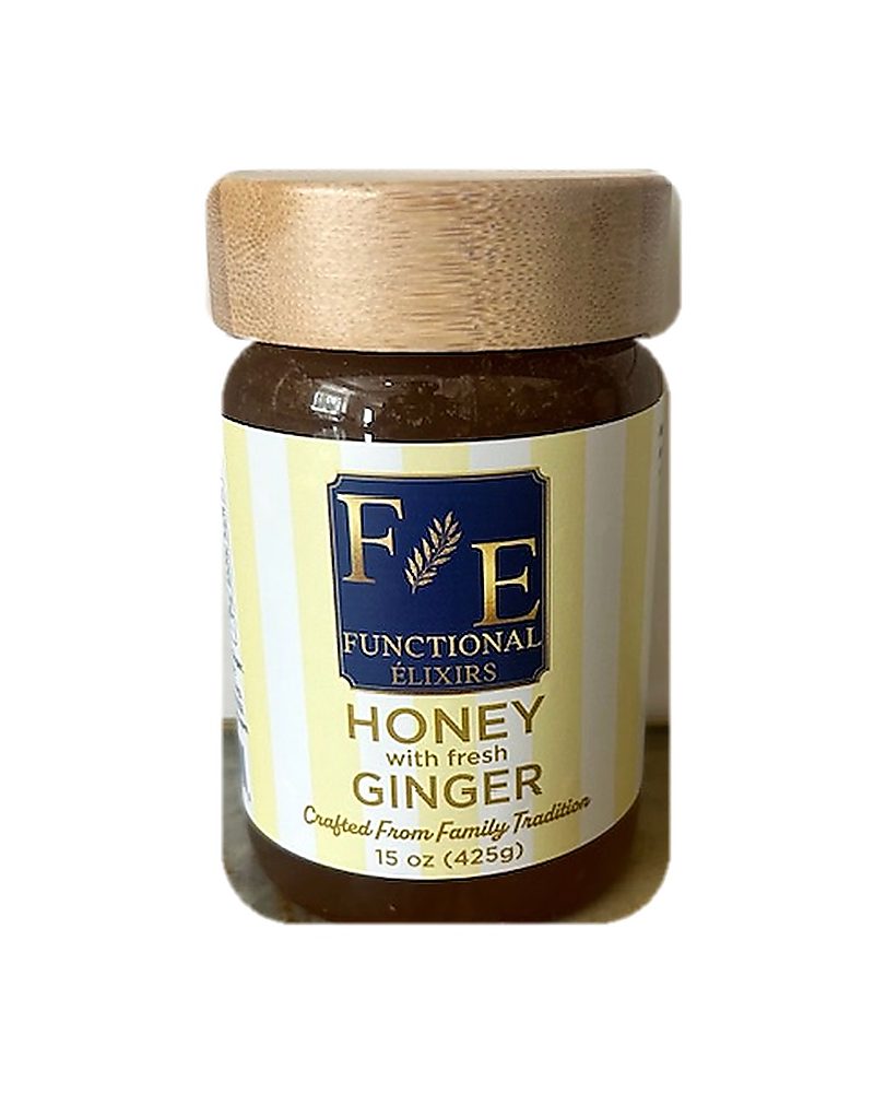 The 15 oz Functional Elixirs Honey with Fresh Ginger jar, bamboo lid on, photographed on white
