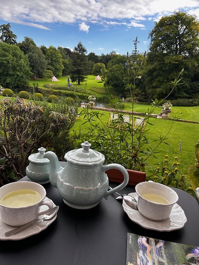A teapot and two cups of tea set out on a garden table on a bright morning